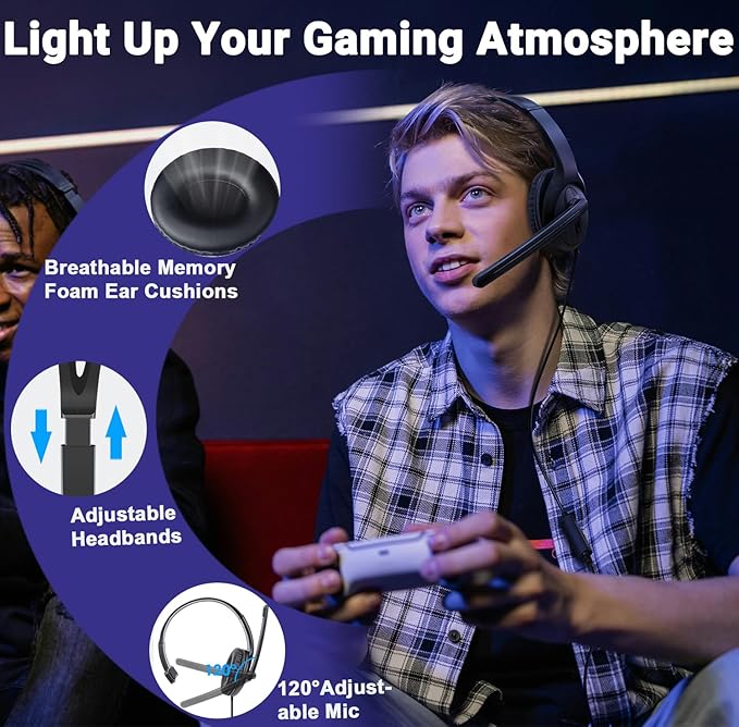 One Ear Gaming Headset with Mic (3.5mm) - Lightweight Single Ear Headset for PS5, PS4, Xbox, Switch, PC, Mac, iPad, Tablet - Includes USB-C & USB-A Adapters for Gaming, Remote Work & Business Calls