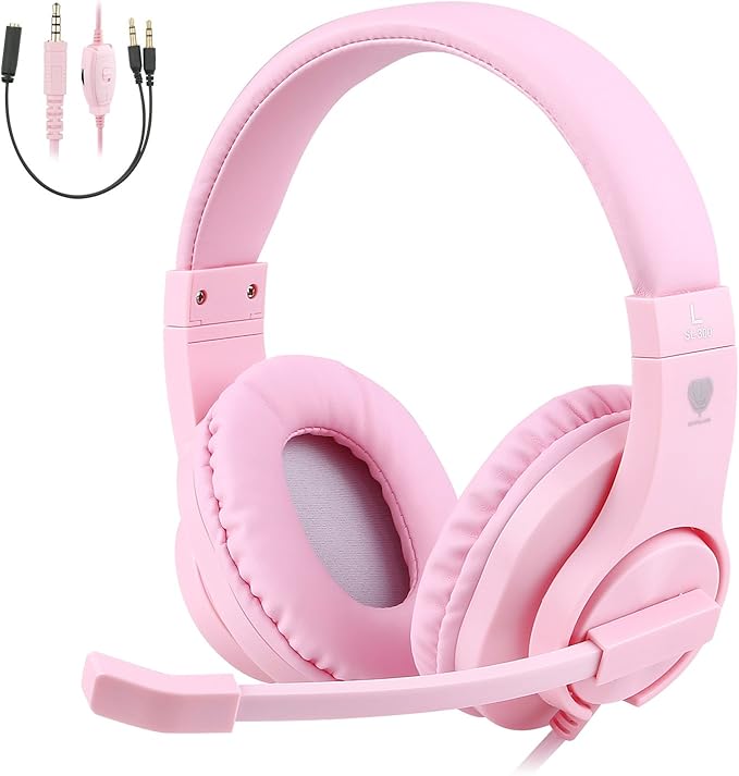BlueFire Kids Headphones for Online School, Children, Teens, Boys, Girls, 3.5mm Stereo Over-Ear Gaming Headphone with Microphone and Volume Control for PS4, PS5, New Xbox One（Pink）