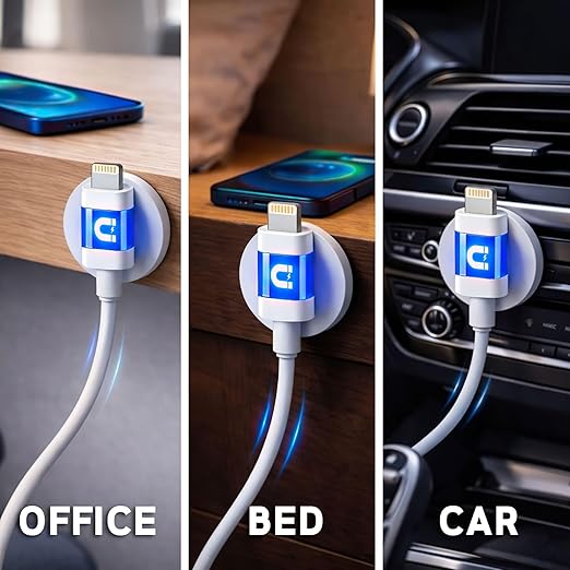 6ft LED Phone Lightning Cable with Magnetic Tip, Magnetic Cord Holder & Blue Night Glow Light – Durable Fast Charger Cable for iPhone 5–14 and More