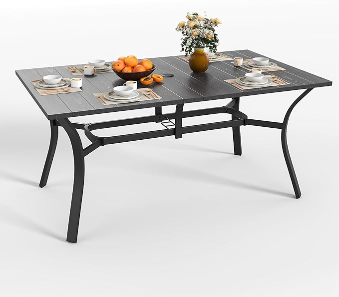 "Vintage Wood Grain Metal Table 62.99" x 37.8"" Rectangular with Umbrella Hole, Heavy-Duty Steel Frame Rust-Resistant Easy Clean, for Patio Garden Deck Dining Room Office INDUSTRIAL MEETS FARMHOUSE