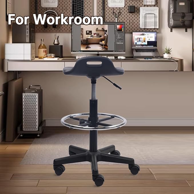 KLASIKA Drafting Rolling Stool Adjustable Height with Foot Rest Breathable Seat Cushion Swivel Stools with Wheels, Multi-Purpose Work Stool for Shop, Task, Salon, Black, 4 Pack