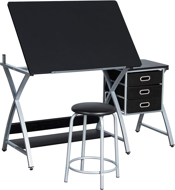 Topeakmart Drafting Tables, Draft Drawing Desk w/Stool and Tiltable Tabletop, 3 Storage Drawers, Reading, Writing Art Crafting Workstation, Black