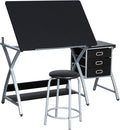 Topeakmart Drafting Tables, Draft Drawing Desk w/Stool and Tiltable Tabletop, 3 Storage Drawers, Reading, Writing Art Crafting Workstation, Black