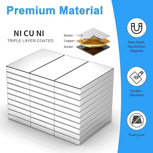 30 Pack 20x10x2 mm Rare Earth Neodymium Magnets, Powerful Small Strong Metal Rectangular Bar Magnetic Strip Magnet for Fridge Garage Kitchen Science Craft Office, Silver