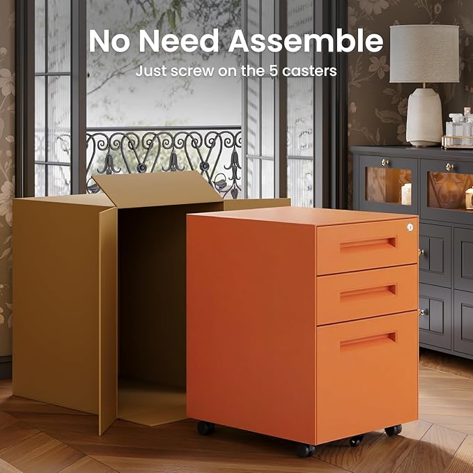 Dripex 3 Drawer Orange File Cabinet, Mobile Under Desk Storage File Cabinet with Lock on Wheels, Fully Assembled, Letter/Legal Size, Small Short Vertical Metal Rolling Filing Cabinets for Home Office