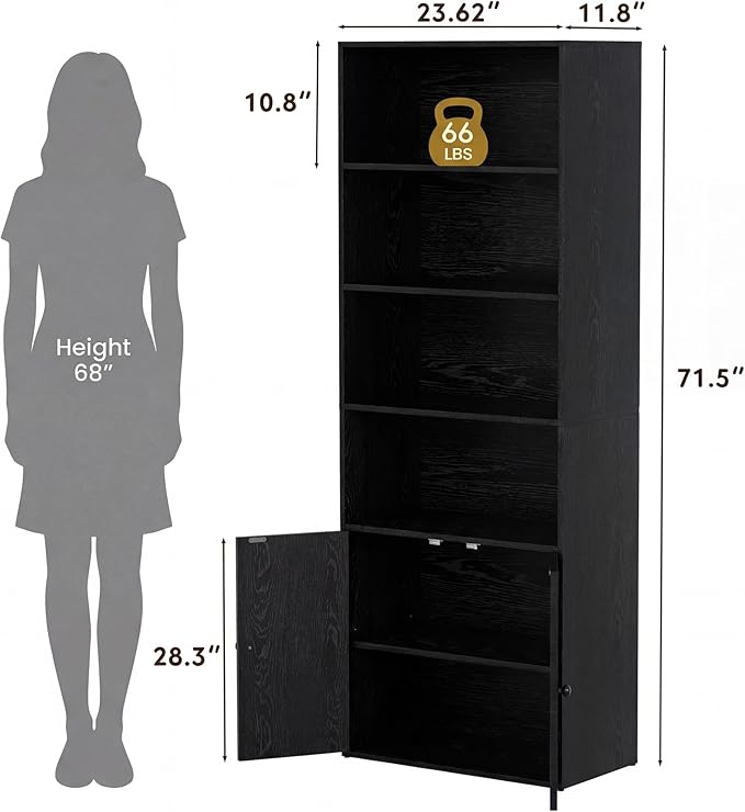 YESHOMY Farmhouse Bookshelf and Bookcase with Doors, Industrial Bookshelves and Bookcases Floor Standing Display 6-Tier Shelf Storage Shelves 71.5 inchs for Home Office, Living Room, Black, 1 PCS