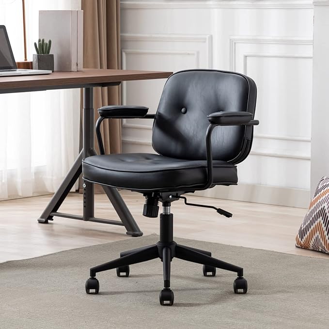 HEAH-YO Modern Armless Desk Chairs Set of 1, Swivel Computer Task Chair with Wheels and Armrests, PU Leather Adjustable Office Chair with Backrest for Home Base, Black
