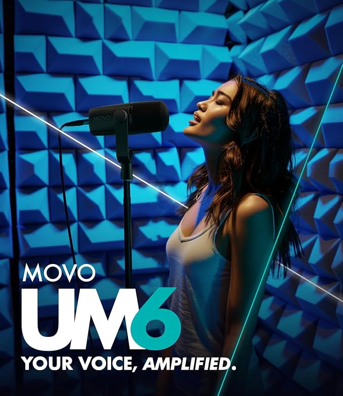 Movo UM6 Dynamic Podcast Microphone with Built-in GainCast Preamp - XLR and USB C Outputs - Studio Mic for Gaming, Podcasting, Streaming, Vocals, Computers, and Content Creation