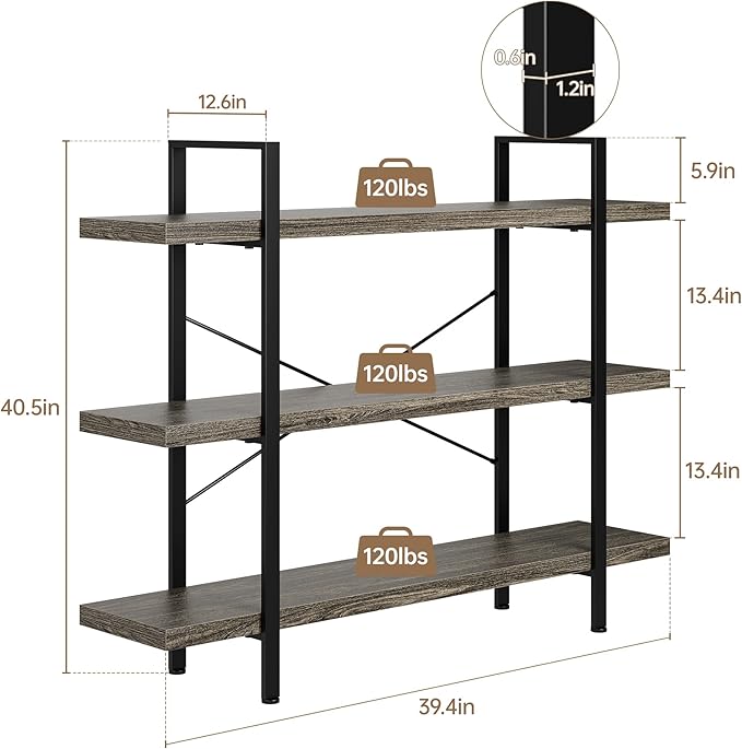 OtterOasis Heavy Duty 3-Tier Industrial Bookcase, 39" Wide Wood Bookshelf for Home Office, 120lbs Shelf Capacity, Rustic Shelving Display with Reinforced Horizontal Shelf for Living Room Bedroom, Grey