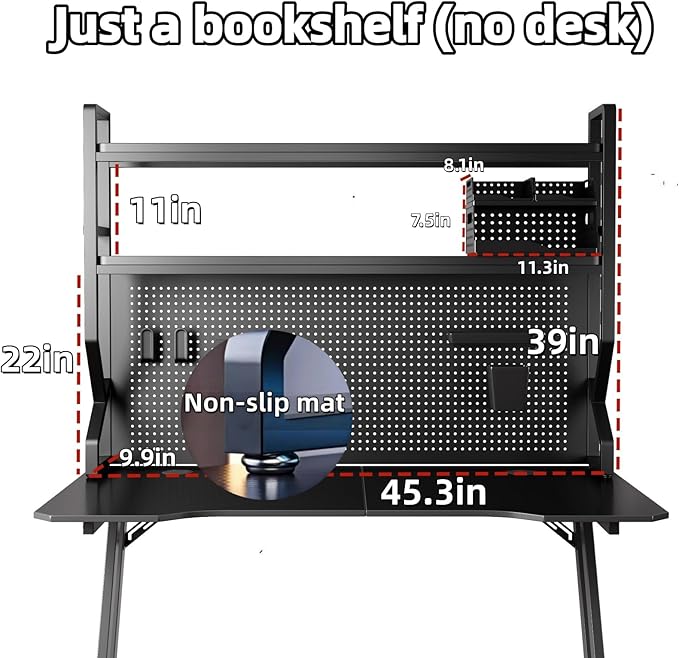 Desktop Hutch Bookshelf,Many Gifts,Metal Desktop Bookcase with pegboard, Desk Shelf, Countertop Storage Organizer Rack for Dorm or Office,Desktop Shelves (Black, 45.3" Lx9.9 Wx39 H)