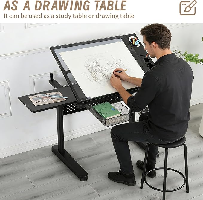 Adjustable Drafting Table with Hand-Crank Lift, 0-75° Tilting Tempered Glass Art Desk with Metal Drawers & Slide-Out MDF Side Table, Height Adjustable 29.5"-41.3" Drawing Desk with Storage & Stool