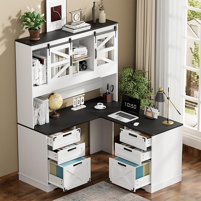 VOWNER 57" Farmhouse L Shaped Desk with Hutch, Executive Desk with Charging Station, Home Office Desk with Sliding Doors and File Cabinet, Wood Corner Computer Desk with Drawers for Home Office, White