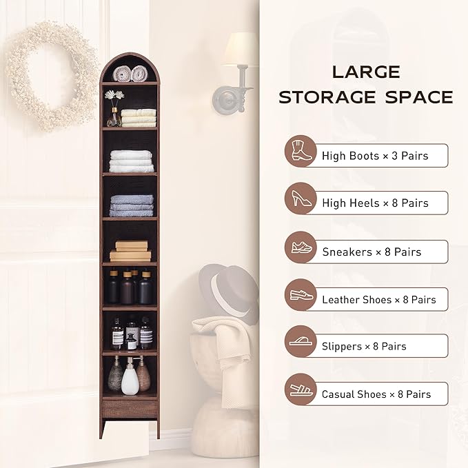 IFGET 67" Tall Arched Bookshelf, 8 Tiers Arch Bookcase with Storage, Modern Farmhouse Book Shelf with Adjustable Shelves, Wood Bookshelf w/Open Display Shelves for Living Room, Office (Brown)