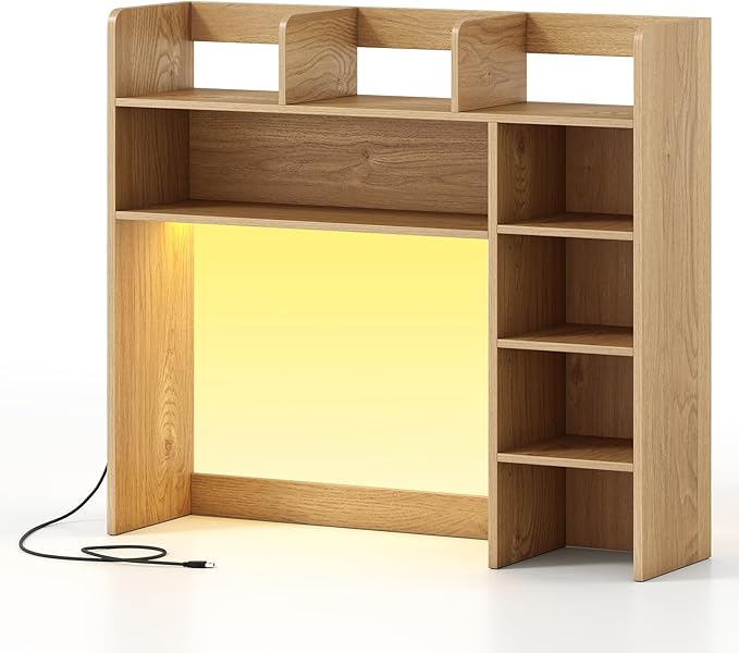 Tangkula Desktop Bookshelf with LED Lights, Desk Hutch with 8 Shelves for Max 25" Monitor, Desktop 5-Tier Display Rack, Multipurpose Wood Desktop Storage Hutch Organizer for Dorm Office Home (Natural)