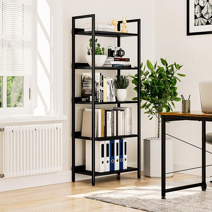 NUMENN Bookshelf, 5 Tier Bookshelves, Home Office Bookcase Shelf Storage Organizer, Free Standing Storage Shelving Unit for Bedroom, Living Room and Home Office, Black
