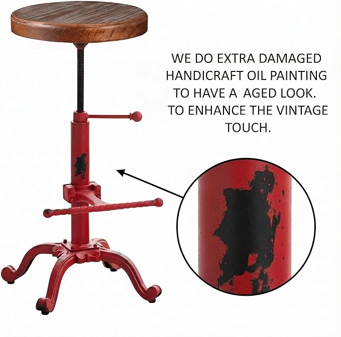 Topower Industrial Retro Vintage Farm Wooden Tractor Stool Kitchen Swivel Height Adjustable Bar Stool (Antique Red)