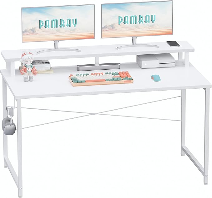 Pamray 47 Inch Small Computer Desk with Monitor Stand, Simple Office Desk with Headphone Hook for Small Spaces, Kids Study Writing Table for Bedroom, White