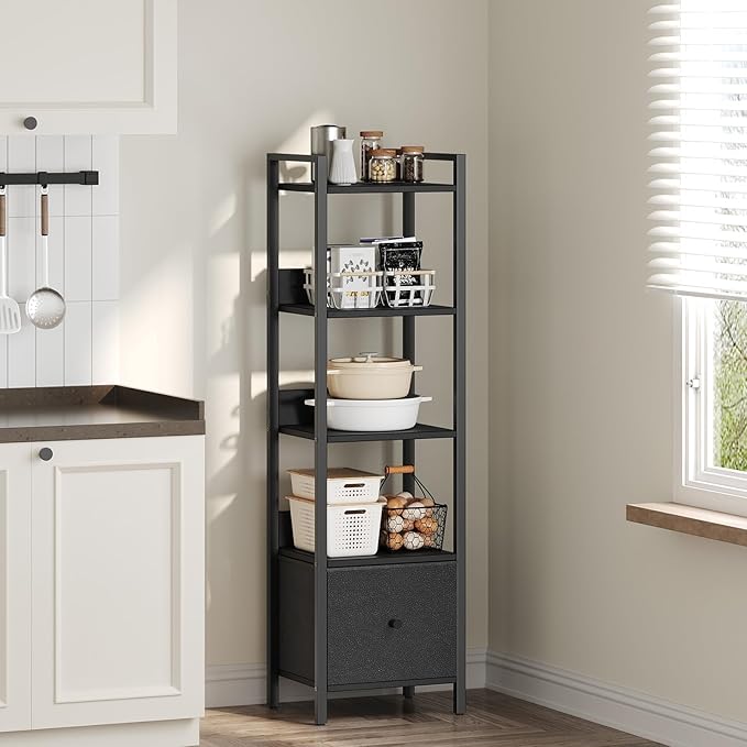 MAHANCRIS Bookshelf, 5-Tier Bookcase with Drawer, Small Book Shelf for Small Space, Storage Shelf Organizer, for Living Room, Bedroom, Study, Kitchen, Black BKHB55101