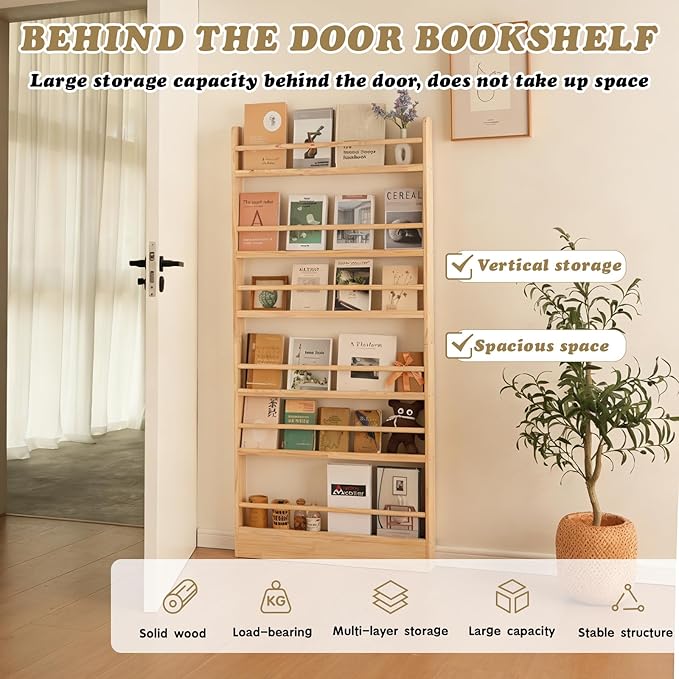Baveke Kids Bookshelf, 6 Tier Shelves Behind The Door Book Shelf Storage, Children's Solid Wood Bookcase, Wall Mount Bookshelf for Bedroom, Living Room, Nursery（（FSC-Certified Wood））