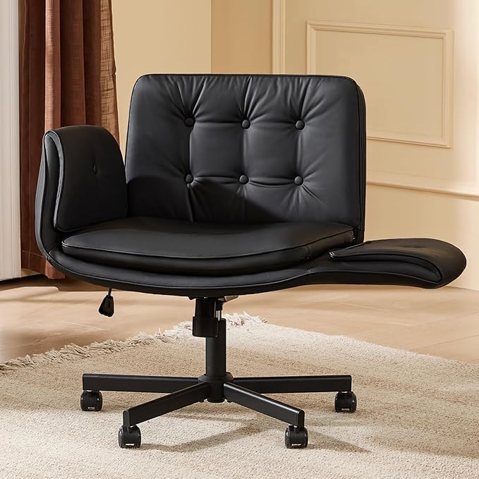 amseatec Criss Cross Chair with Armrests & Wheels, PU Leather ADHD Home Office Desk Chair, Comfortable Lounge Chair for Home, Make Up, Bed Room, 5-Gear Adjustable Arm,Wide Seat,Swivel(Black)
