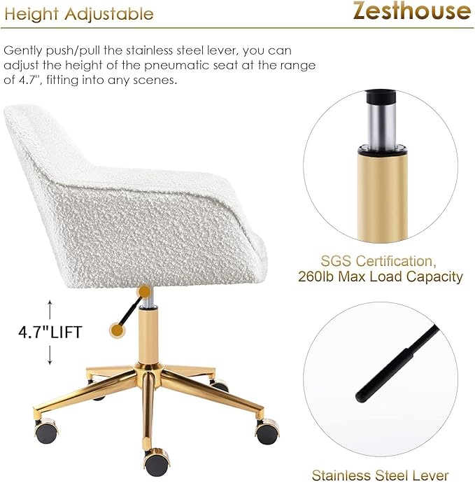 Zesthouse Modern Desk Chair with Wheels, White Swivel Vanity Chair for Girls Women, Upholstered Home Office Chair Boucle Armchair for Bedroom, Height Adjustable Computer Task Chair, Gold Base