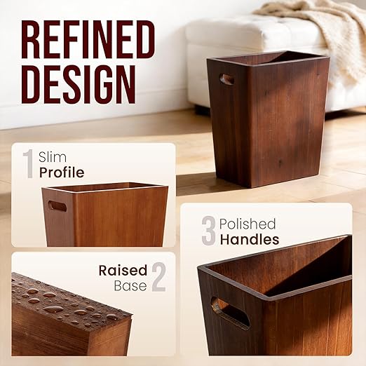 Wooden Trash Can, Decorative Wood Bathroom Wastebasket, 3 Gallon Small Garbage Can for Bedroom, Office, and Room