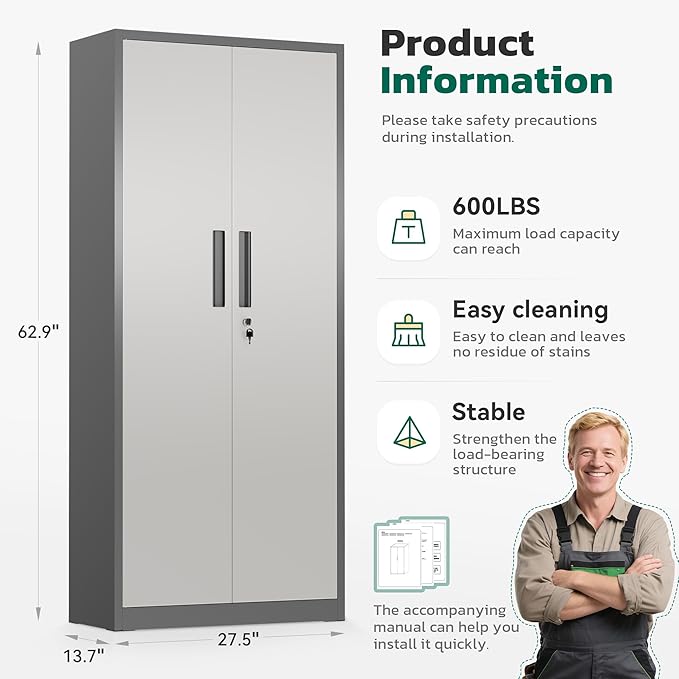 Greenvelly 63" H Metal Storage Cabinet Grey White, Locking Metal Cabinet, Store Tools, Clothes, Tableware and Toiletries, Garage Cabinets with Adjustable Shelves for Office, Home, Garage, Pantry