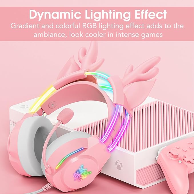 Gaming Headset with Microphone, Deer Ears Headphones for PC Laptop PS4 PS5 Xbox Switch, Rainbow RGB Lighting & Virtual Surround Sound, 3.5mm Over Ear Headphones, Ergonomic