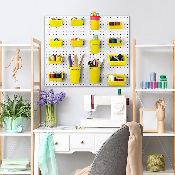Roowest 60 Pcs Pegboard Cups Pegboard Bins Set, Wall Organizer with Hooks and Loops, Hooks Assortment Organizer Accessory for Office Storage Garage Craft Workshop(Yellow)