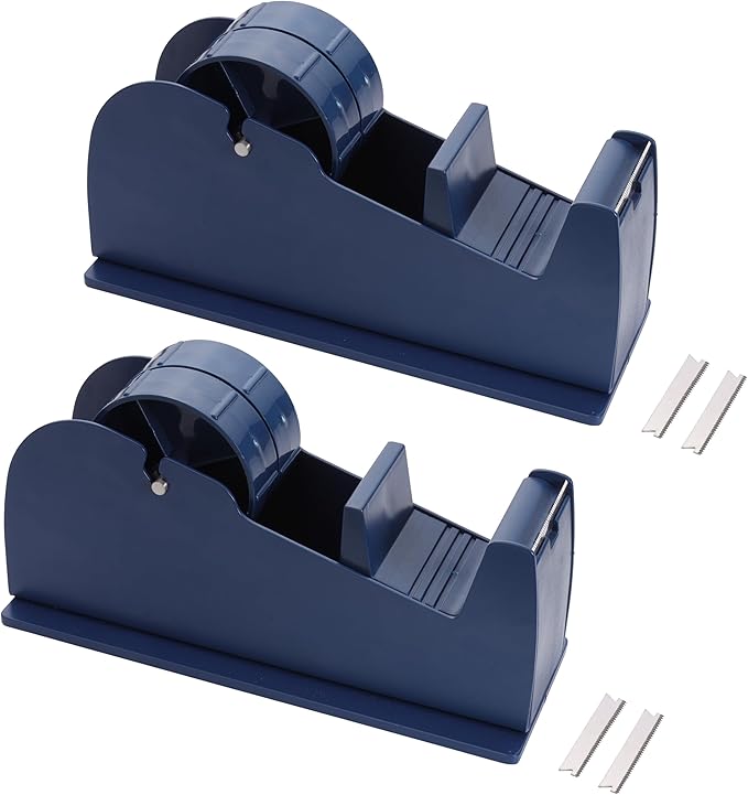 JDS 2 Pack Desktop Industrial Metal Tape Dispensers (4 Replacement Blades) - Pull and Tear Heavy-Duty Weighted Non-Skid Adhesive Roll Holder for Office, Home, School, Gift-Wrapping, and Craft Use