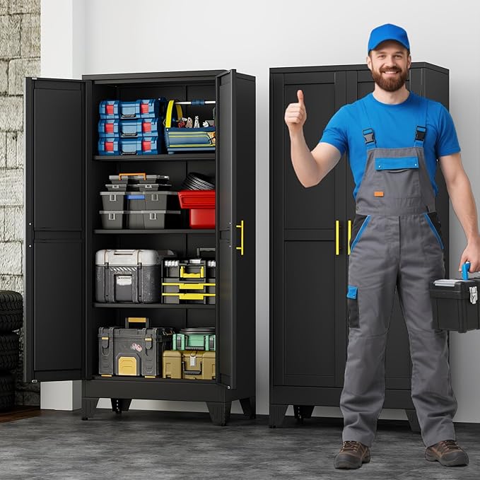 61" Metal Storage Cabinet with Adjustable Leveling Foot,Garage Storage Cabinets with 2 Doors and 3 Adjustable Shelves, Black Steel Cabinet for Office,Home,Garage(Black)