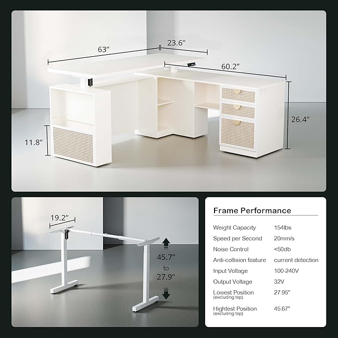 ModernMate Home Office Furniture Sets, 63" L Shaped Standing Desk with Drawers, Height Adjustable Electric Executive Office Desk with 73" Bookshelf and Power Outlet, White Rattan