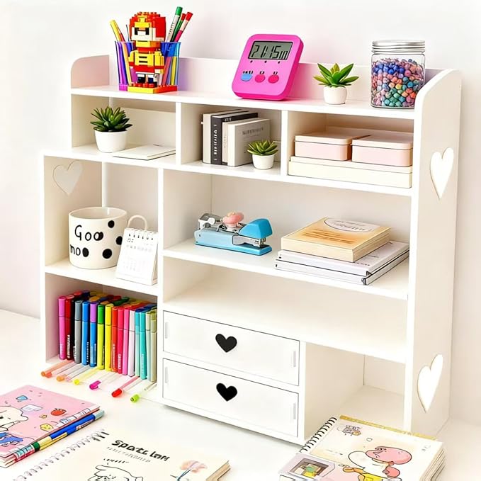 White Heart Drawer Bookshelf, Desktop Organizer with Shelves & Heart-Shaped Drawer for Desk, Office, Dorm - Display Storage for Books, Decor, Makeup, Stationery(White), (Upgrade)