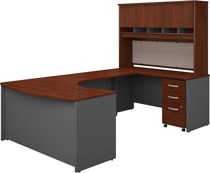 Bush Business Furniture Series C 60W Right Handed Bow Front U Shaped Desk with Hutch and Storage in Hansen Cherry, Large Computer Table for Professional Office
