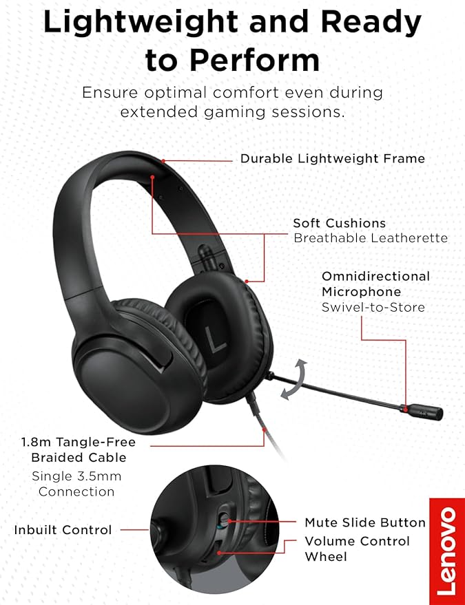 Lenovo H110 Wired Gaming Headset - 3.5mm Connection, Omni-Directional Microphone, Breathable Ear Cups, Built-in Volume Wheel - Black