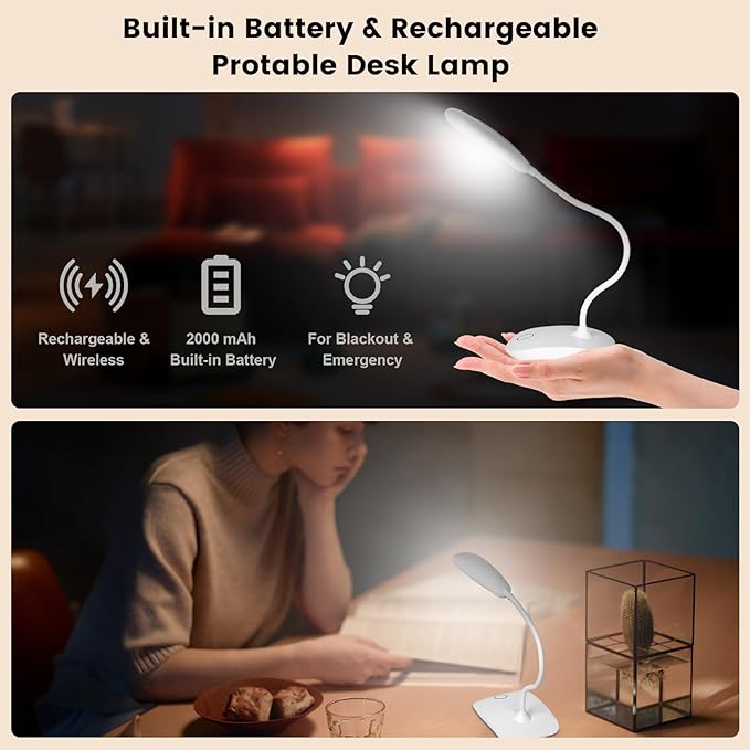 Battery Powered Desk Lamp, Portable Lamps Rechargeable 3 Color Modes Touch Control Stepless Dimming, Wireless Desk Lamp with 2000mAh, Small LED Table Light for Dorm Study Office Bedroom,2-Pack,White