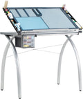 SD Studio Designs 10037 Futura Deluxe Drafting Table with Light Pad Support Bars & Drafting Height Leg Extensions, Silver/Blue Glass