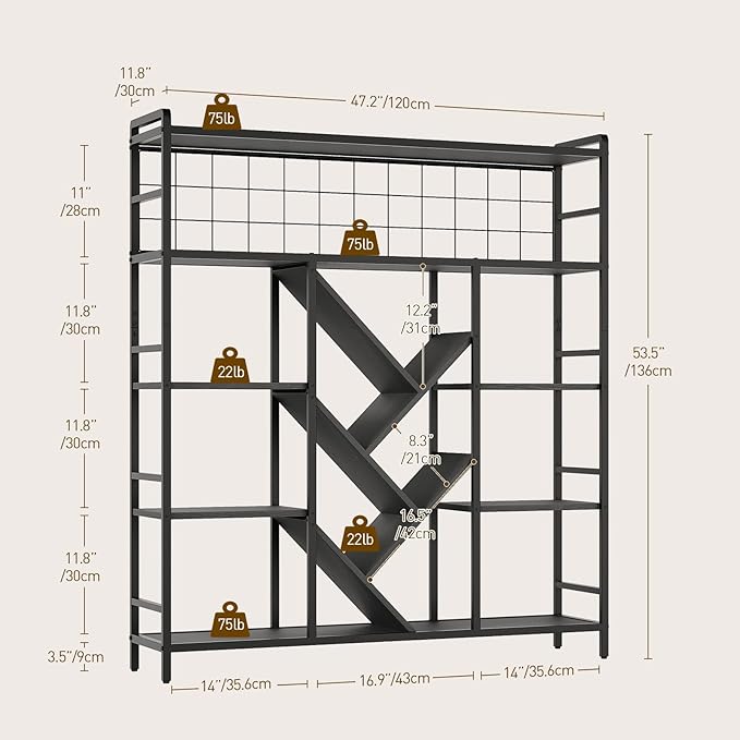 RALGEND Triple 5-Tier Bookshelf, Industrial Large Wide Bookcase with 14 Open Display Shelves, Modern Tree Bookcase Metal Frame Bookshelf with Hanging Function for Living Room Home Office, Black