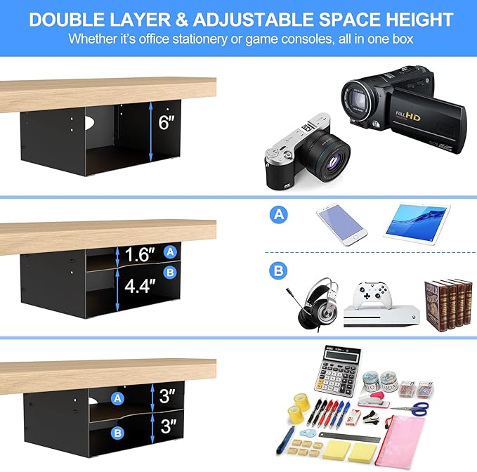 GOME Under Desk Storage Metal Shelf Double Layer Design with Adjustable Tray Organizer Drawer with Big Hole in The Back for Stand Up Desks Office Desks Workstations Tv Stand