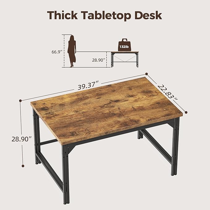Mericonia 40 Inch Computer Desk, 1" Thick Modern Simple Study Writing Table, Heavy Duty Industrial Office Desk for Home Bedroom Workstation, Dark Brown