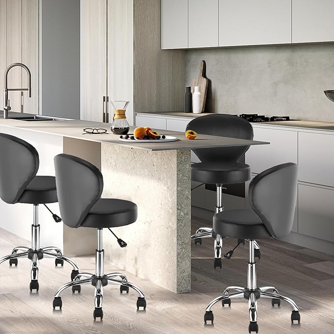 KLASIKA Pu Leather Round Rolling Swivel Salon Stool Chair, with Adjustable Height and Back Support for Office Massage Facial Spa Medical Drafting Tattoo Beauty Barber Black 1PK