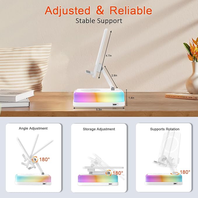 Wireless Induction Bluetooth Speaker with 360° Rotating Phone Stand, 3000mAh Large Battery, 5 in 1 Portable Cell Phone Holder with RGB Light & Emergency Charger, Tech Gifts for Men Women, (White)