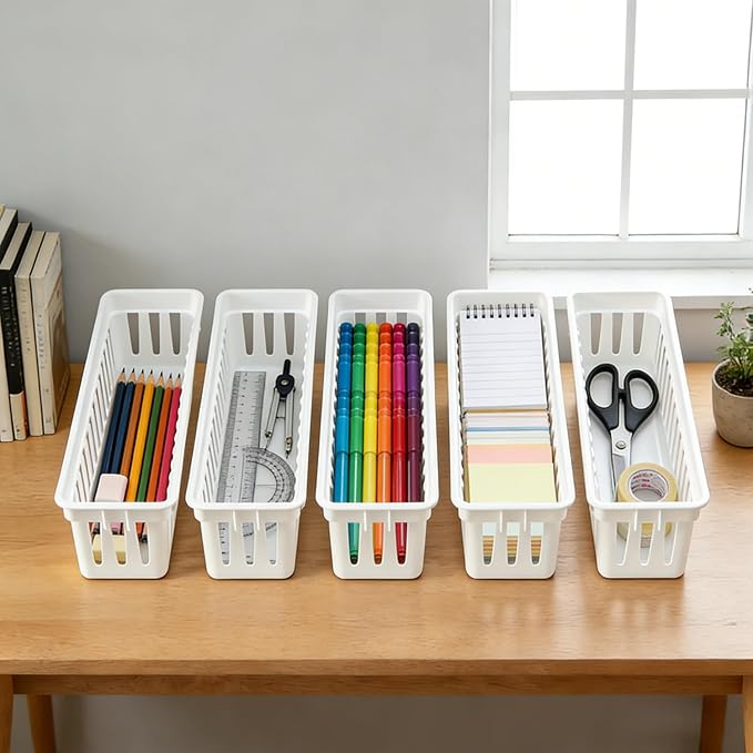 RAUVOLFIA 12 Pack Classroom Pencil Organizer Pencil Basket or Crayon Basket, Small Pencil Holder Tray for Kids Desks (White)