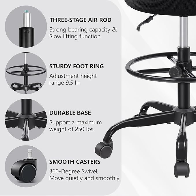 Primy Tall Drafting Desk Chair - Armless, Adjustable Height, Mesh Back, Rolling, Standing Desk Chair for Art Room, Office or Home (Black)