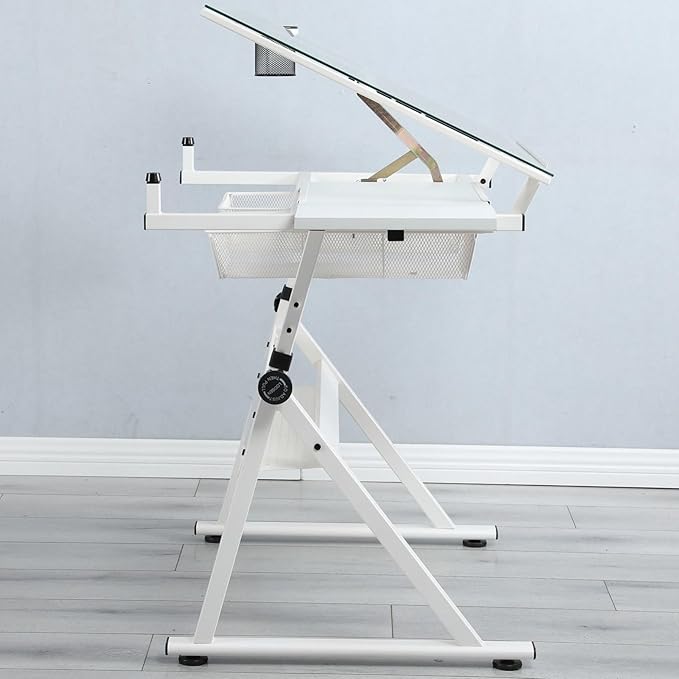 Drafting Table with Stool, Modern Adjustable Tempered Glass Printing Artwork Desk for Art Studio Home Office School