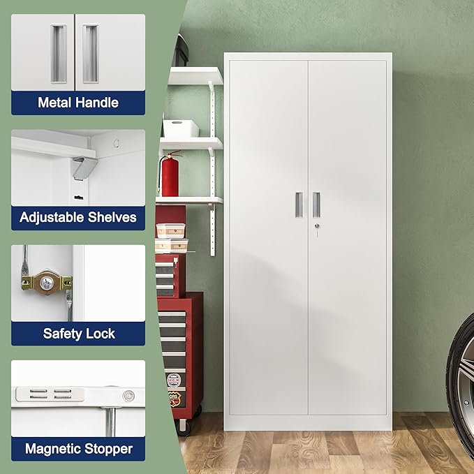 71" H Tall Metal Storage Cabinet with Lock and 5 Adjustable Shelves, Metal Garage Storage Cabinet for Home, Office, Garage, Warehouse Organize, White