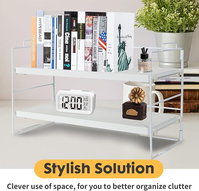 PowerKing Desk Shelf Organizer, 2-Tier Desktop Shelves with Wood Board, Adjustable Bookshelf Storage Rack for Home Office School Study Room (White Frame + White Wood)