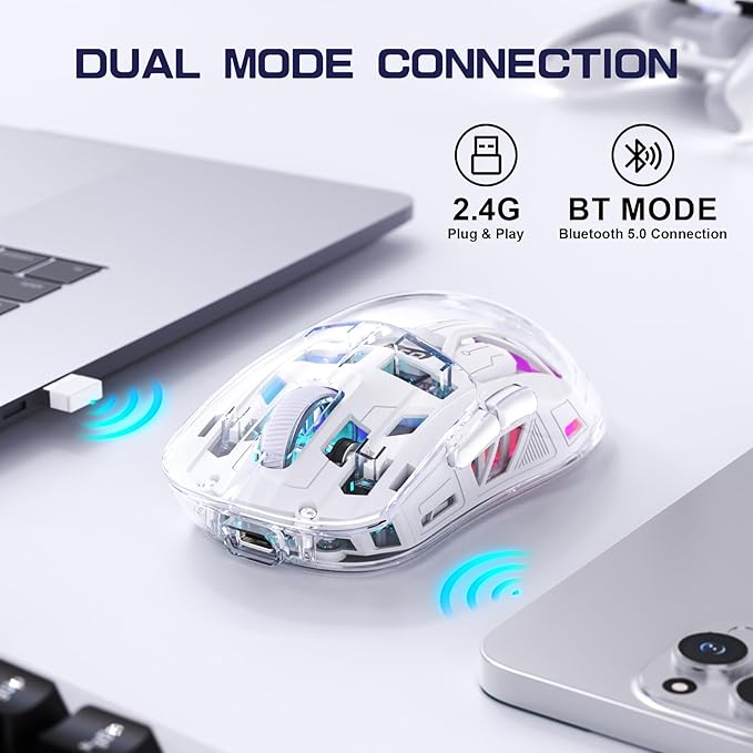 FREEWOLF A2 Transparent Wireless Gaming Mouse,Dual Mode BT 5.0/2.4G PC Gaming Mice,PixArt 3212 5 Adjustable DPI,Rechargeable Silent Mouse with Digital Screen,RGB Backlight Mouse for Win/Mac(White)