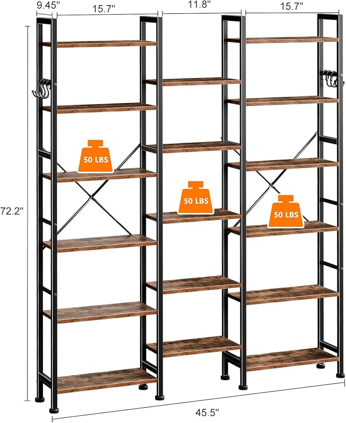 Furologee Triple 6 Tier Bookshelf, Bookcase with 17 Open Display Shelves, Wood and Metal Shelf Storage Organizer,Industrial Wide Shelving Unit for Living Room,Home Office,Rustic Brown