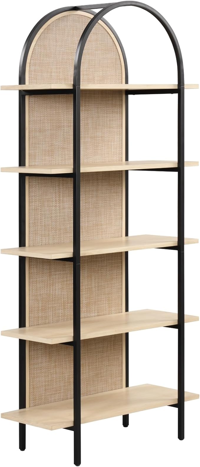 Nathan James Amara Bohemian 5-Shelf Etagere Bookcase, Rattan Open Bookshelf with Arch Top, Light Oak/Matte Black, Set of 4